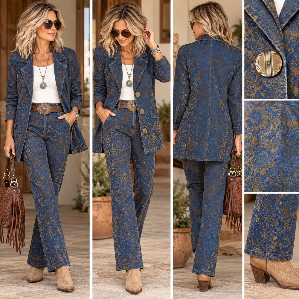 VTG 90s CMC Color Me Cotton Denim Pant Suit Set L Blue Gold Artsy USA Made